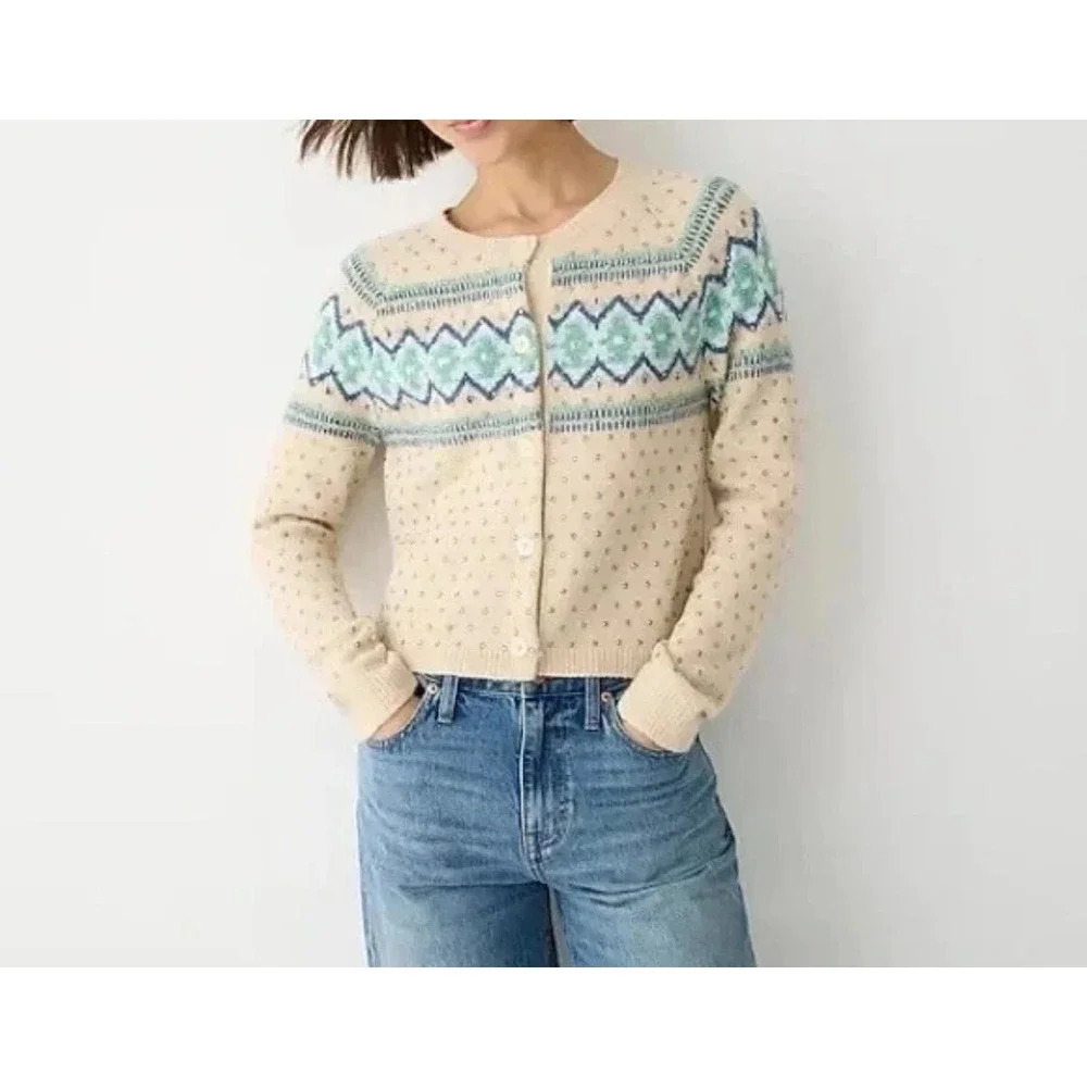 J.Crew Crystal Embellished Fair Isle Merino Wool Alpaca Cardigan Sweater Small